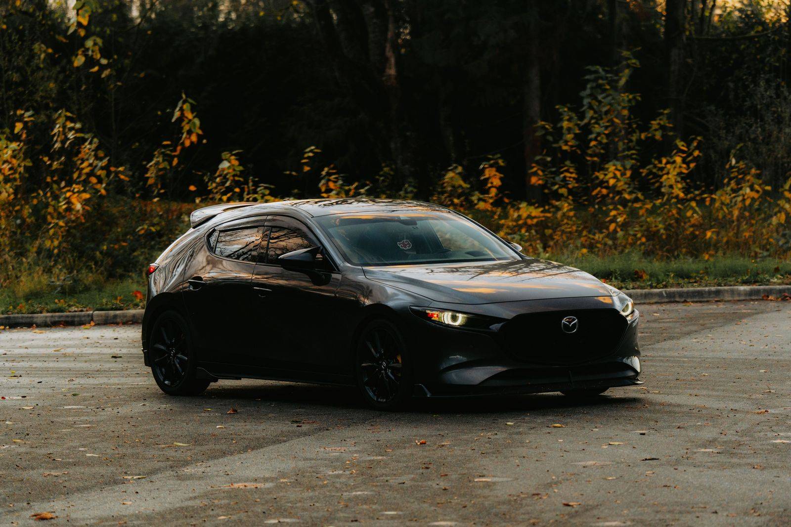 A black sedan on a country road lined with autumn trees north of Toronto