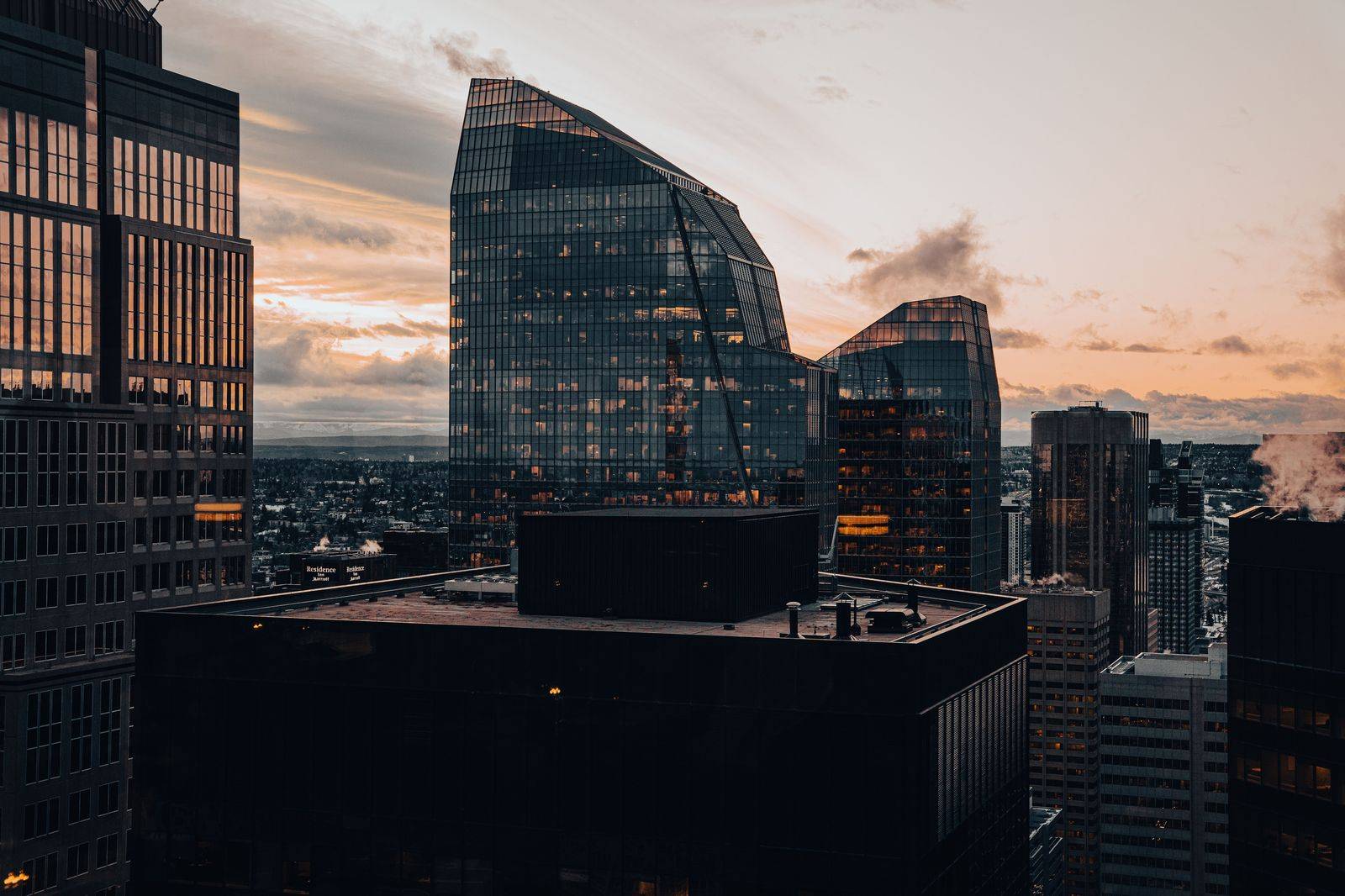 Mississauga City Centre towers at dusk, where Square One and Celebration Square sit side by side