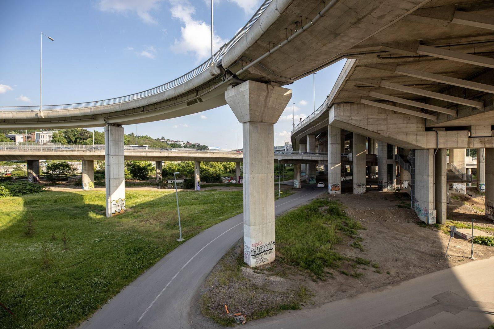 A highway interchange seen from above, like the junctions where the 403 meets the 407 and the 401
