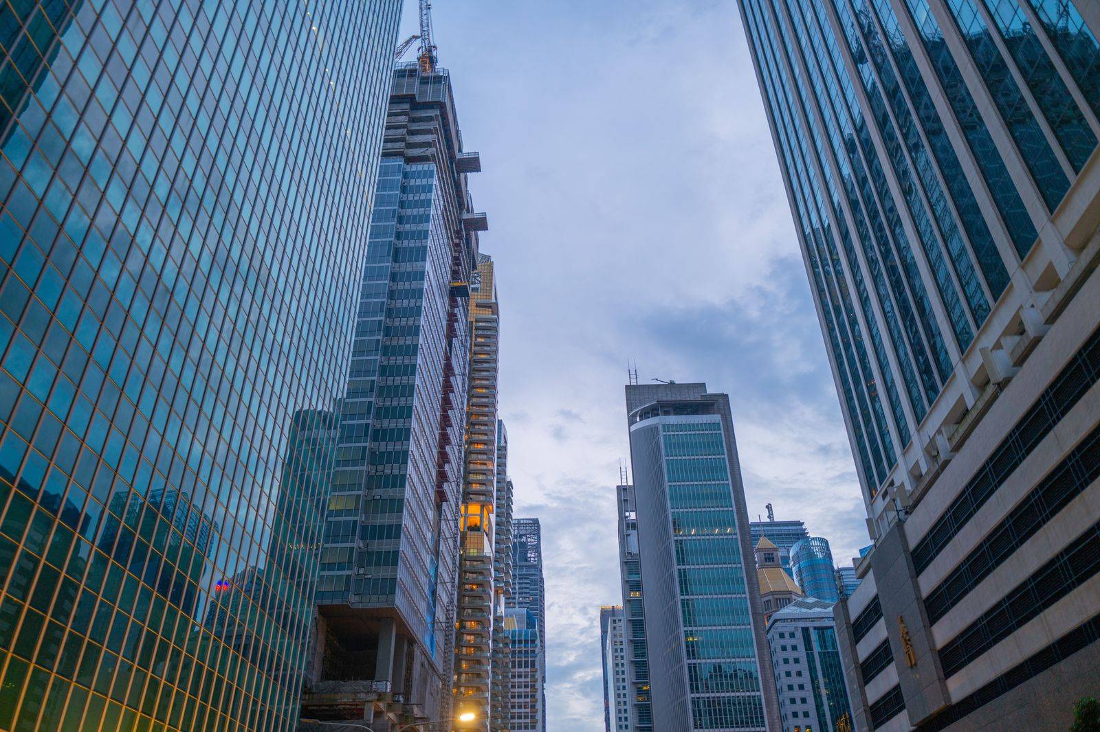 Office towers and a busy street in a downtown financial district