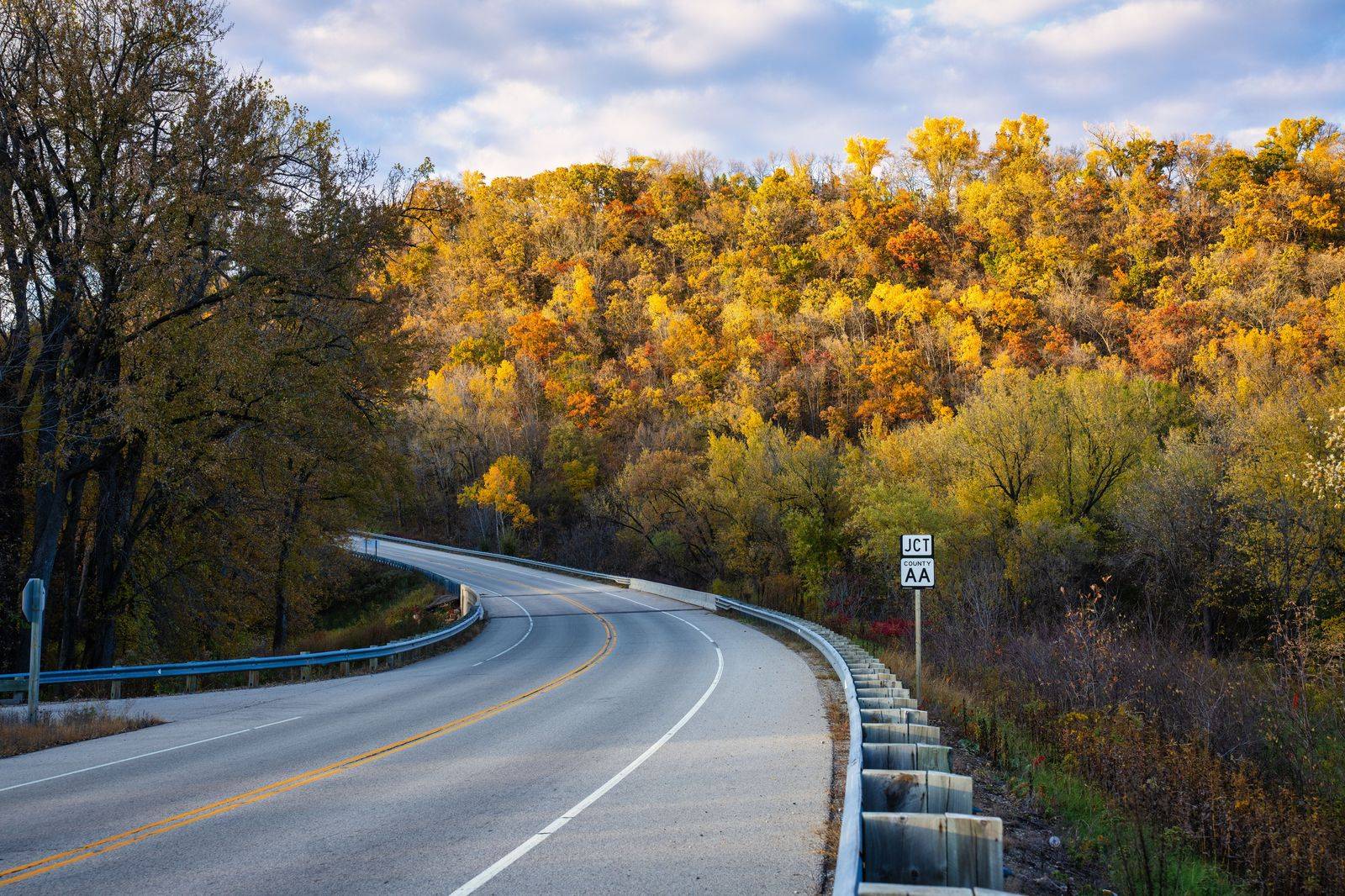 A highway climbing the escarpment through autumn trees near Hamilton