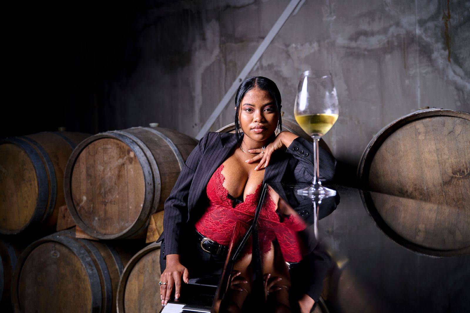 Wine glasses on a barrel in a tasting room: a chauffeur means nobody in the group has to drive