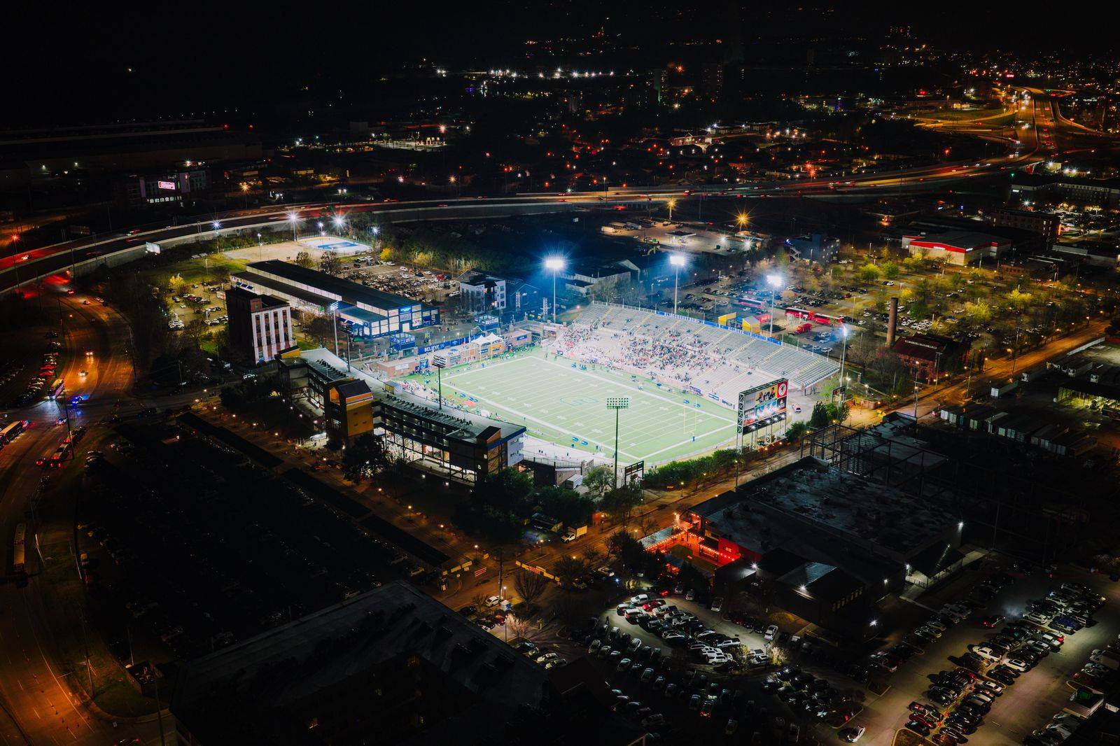 A stadium crowd under the lights on a football night in Western New York