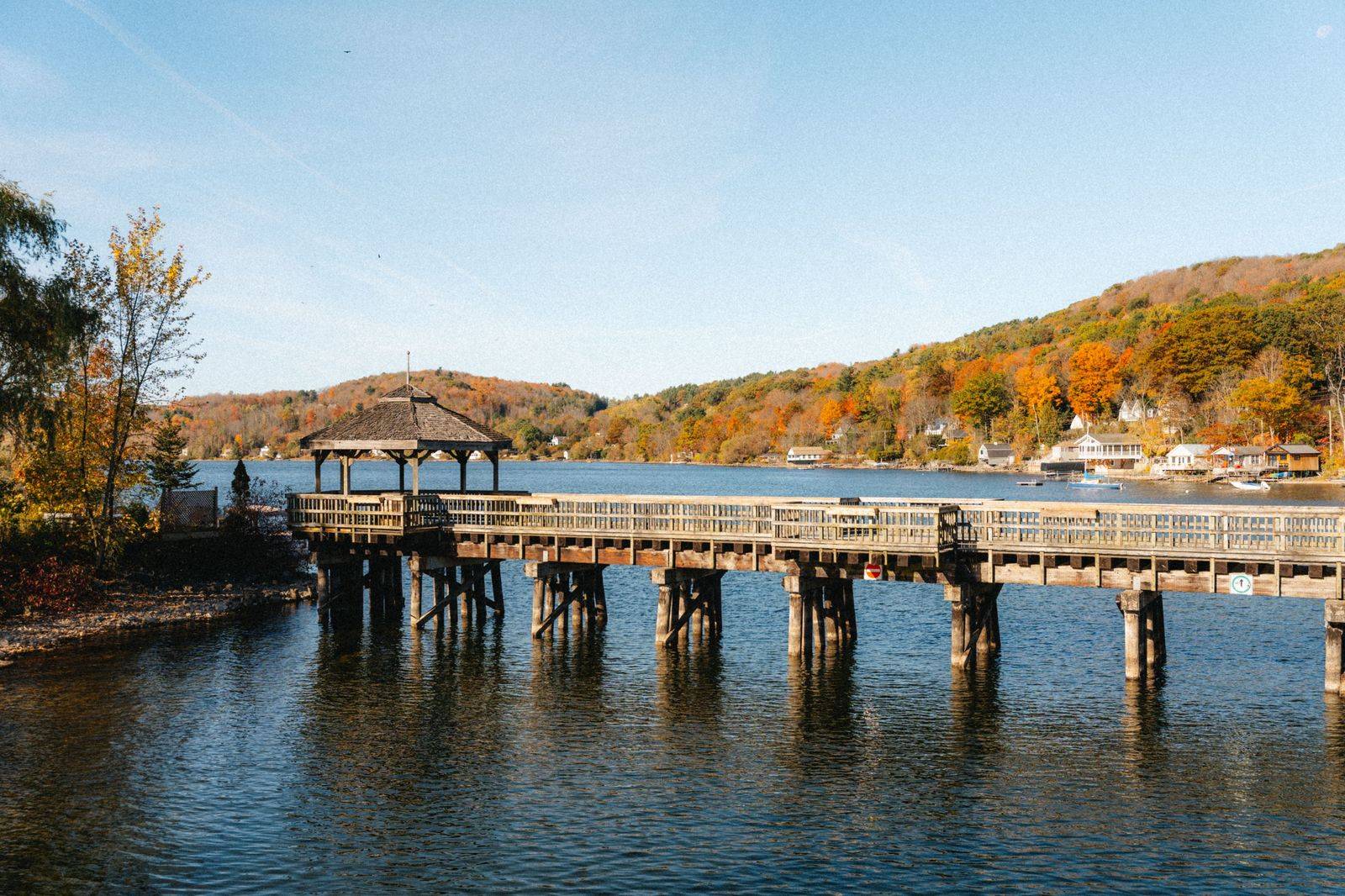 A lakeside cottage dock in autumn in Ontario cottage country