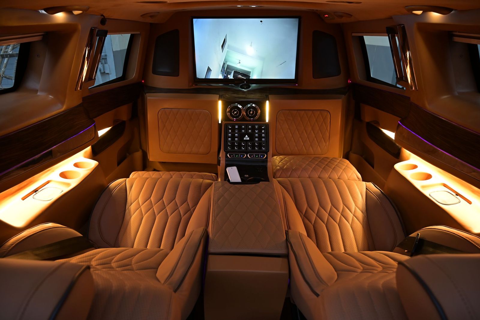 Lounge seating inside a stretch limousine booked through TorontoBlackLimousine.com