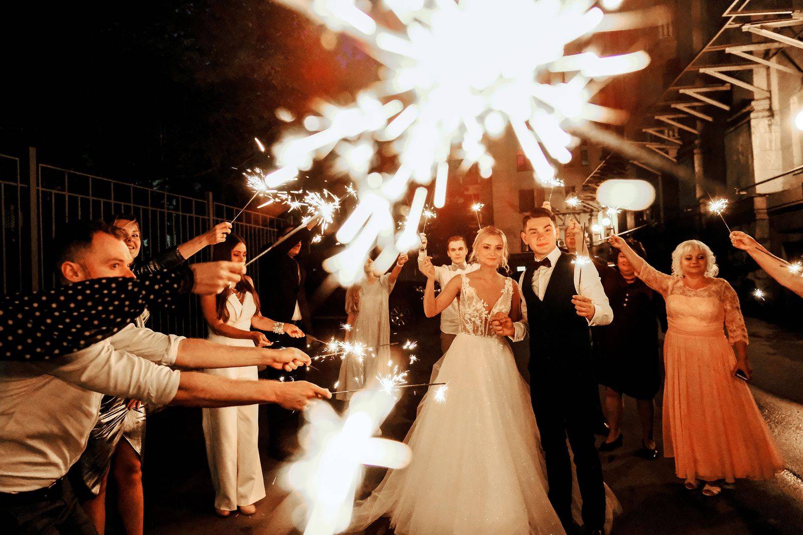 Wedding guests arriving at a banquet hall entrance in Brampton