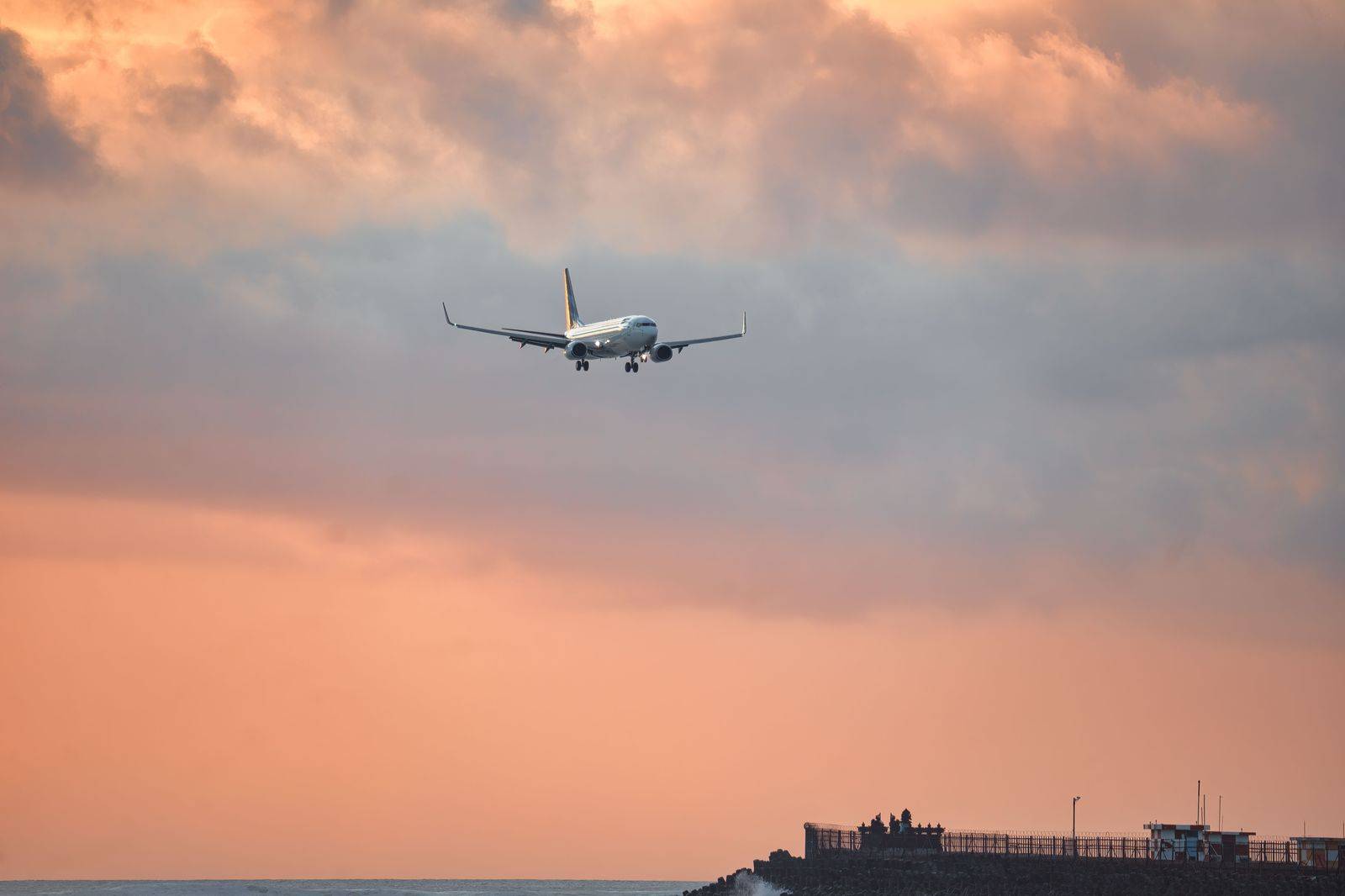 A plane landing at dusk as an airport limo waits for its passenger