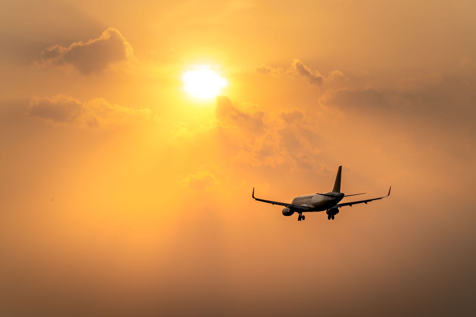 An airplane on approach over a highway in the evening near the airport